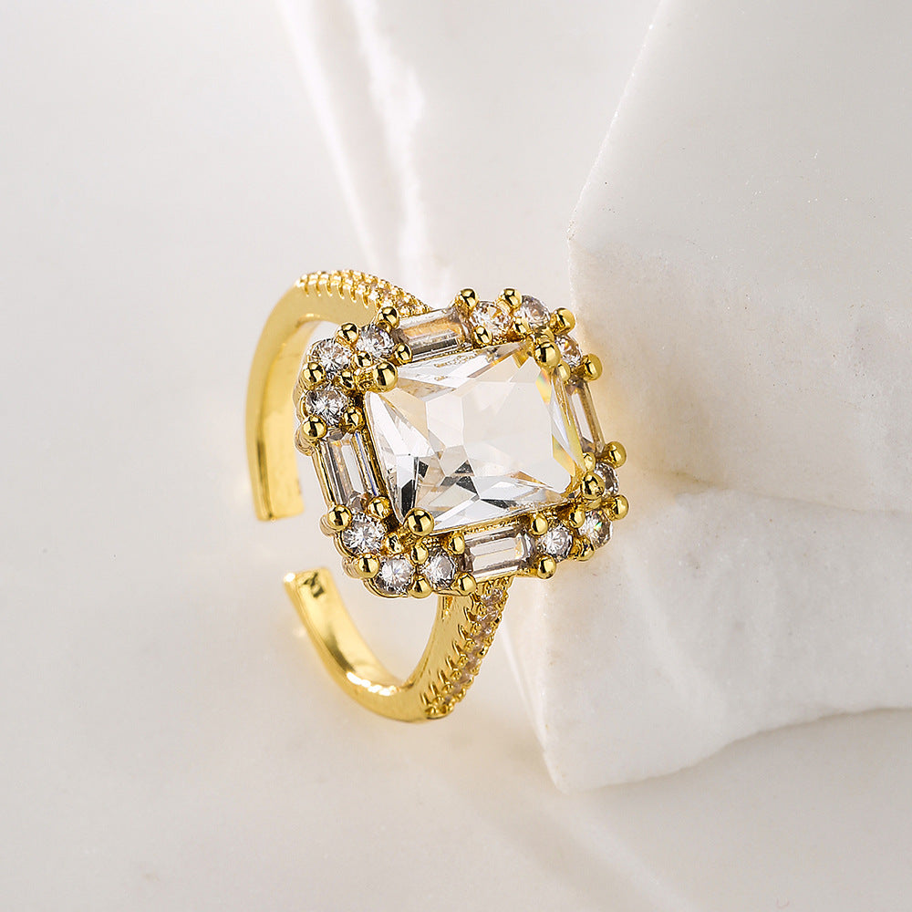 Minimalist Geometric Copper Ring with 18K Gold Plating and Zircon Inlay for Women