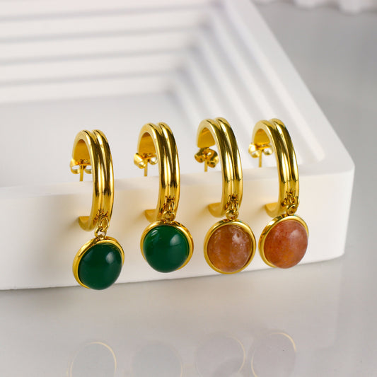 Minimalist Luxury Titanium Steel Earrings for Women with Dongling Jade Inlay and Electroplated Finish