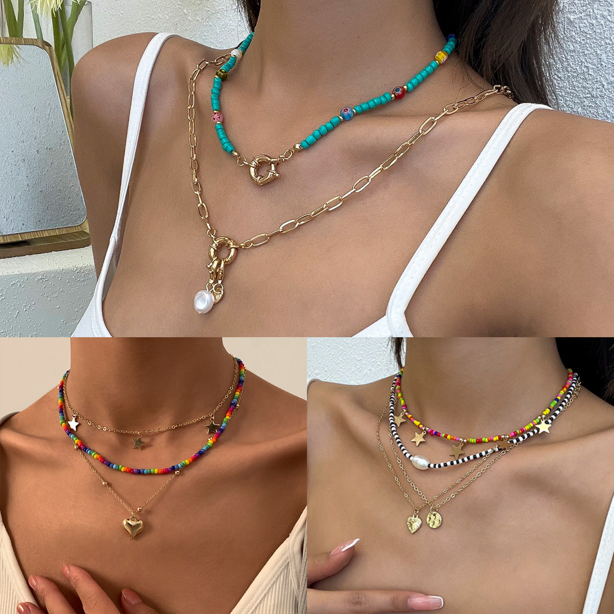 Vintage Bohemian Star Alloy Plated Tassel Beaded Necklace for Women