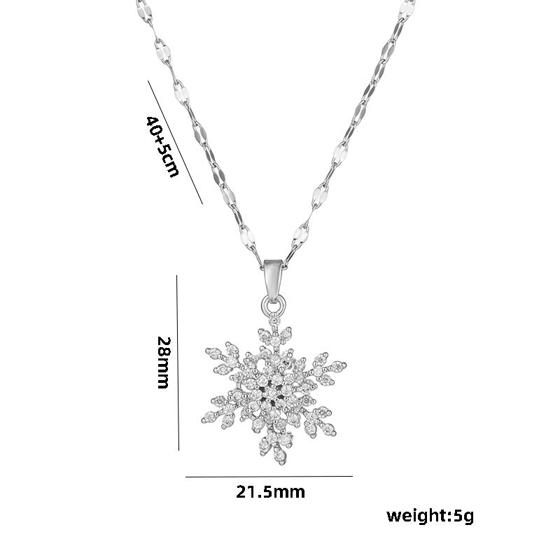 Collana di lusso con pendente a fiocco di neve rotante per donna in acciaio al titanio con strass micro-pavé e catena a onda d'acqua, collana per clavicola