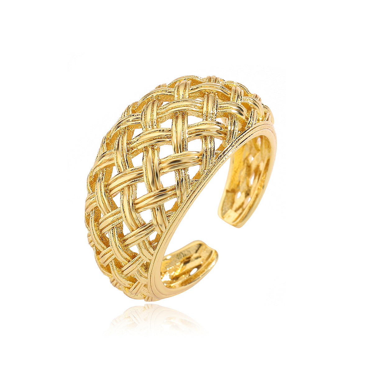 Minimalist Geometric Hollow-Out Copper Ring with 18K Gold Plating and Zircon Accents for Women