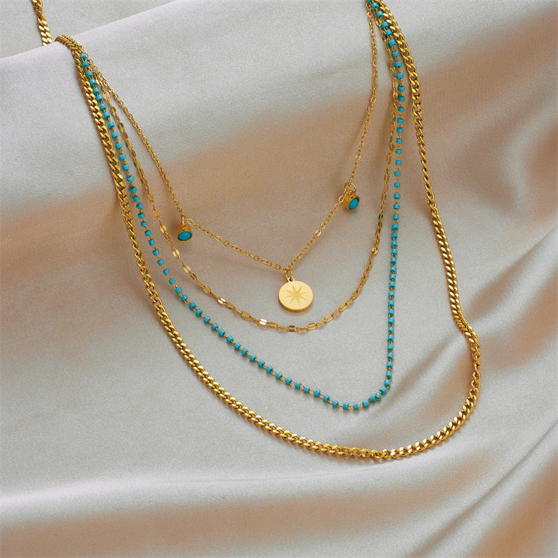 Collana con ciondolo rotondo a stella a otto punte irregolare geometrica in acciaio al titanio placcato
