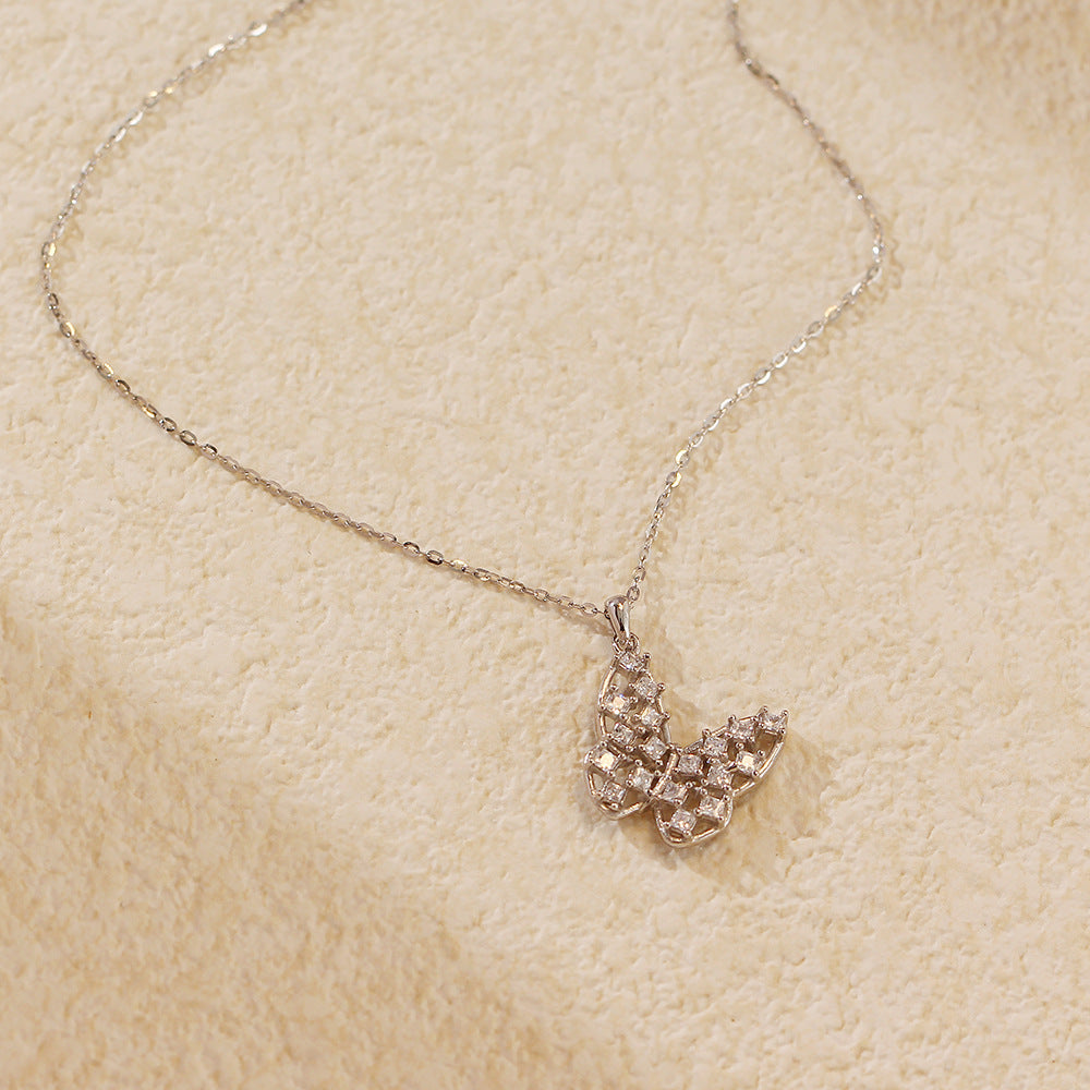 Collana con pendente a farfalla intarsiata con diamanti in argento sterling 925 di lusso, catena a cavo, da donna