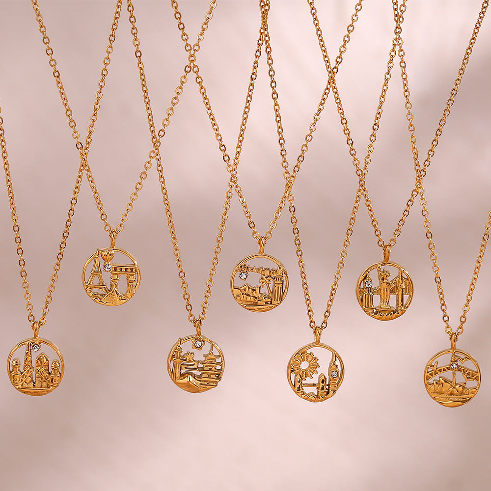Collana con ciondolo geometrico rotondo minimalista da donna in acciaio inossidabile con finitura placcata