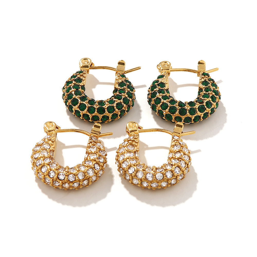 French Style Trendy 18K Gold Plated Stainless Steel Geometric Hoop Earrings with Green and White Cubic Zirconia for Women