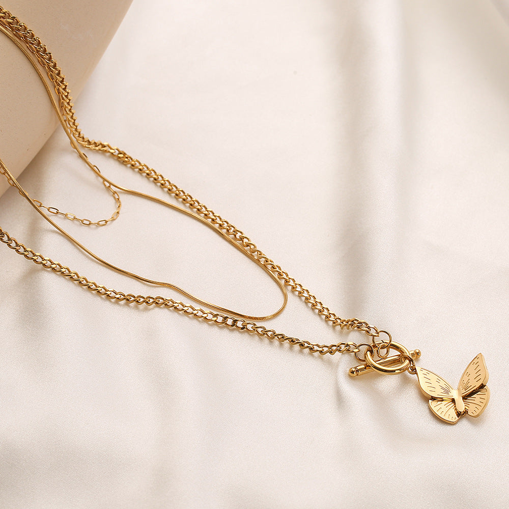 Multi-Layer Chain OT Clasp Butterfly Pendant Titanium Steel Necklace