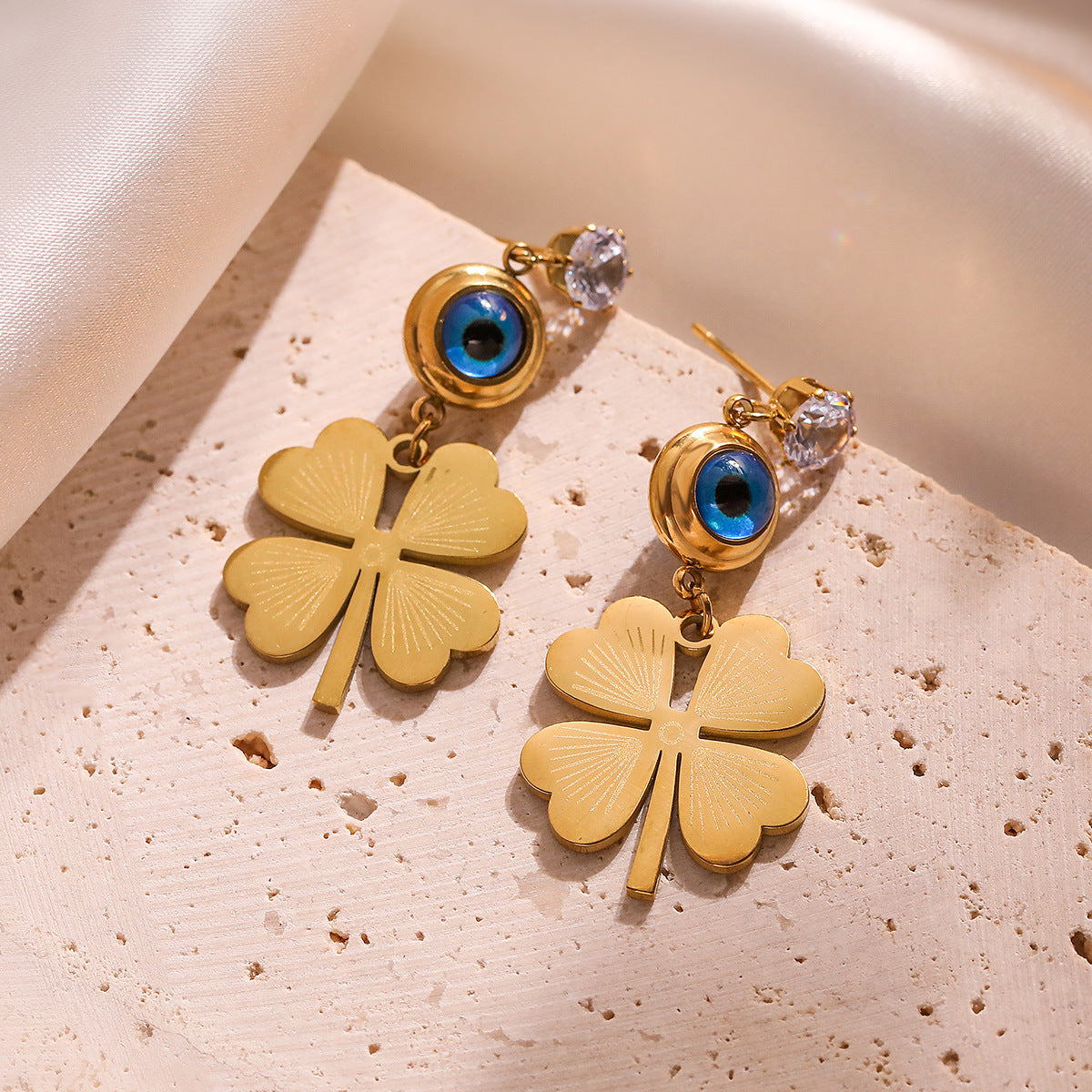 Minimalist Geometric Demon Eye Flower Earrings for Women in Titanium Steel with Zircon Accents