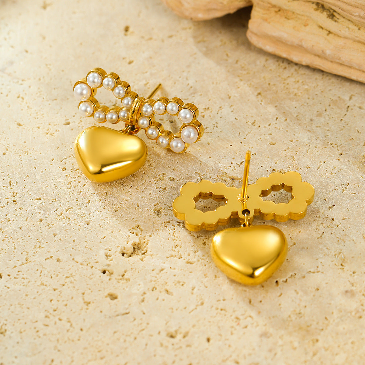Elegant Bowknot Pearl Heart Pendant Stud Earrings in Stainless Steel with 18K Gold Plating
