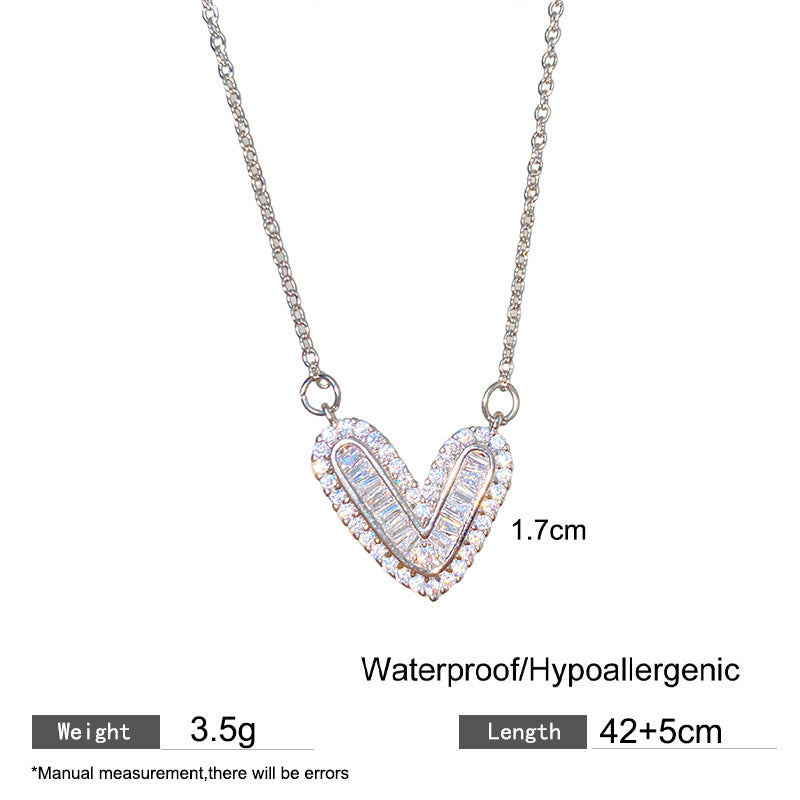 Sweet Sporty Gold Plated Micro-Set Cubic Zirconia Heart Titanium Steel Necklace with Brass Pendant Cable Chain Unisex