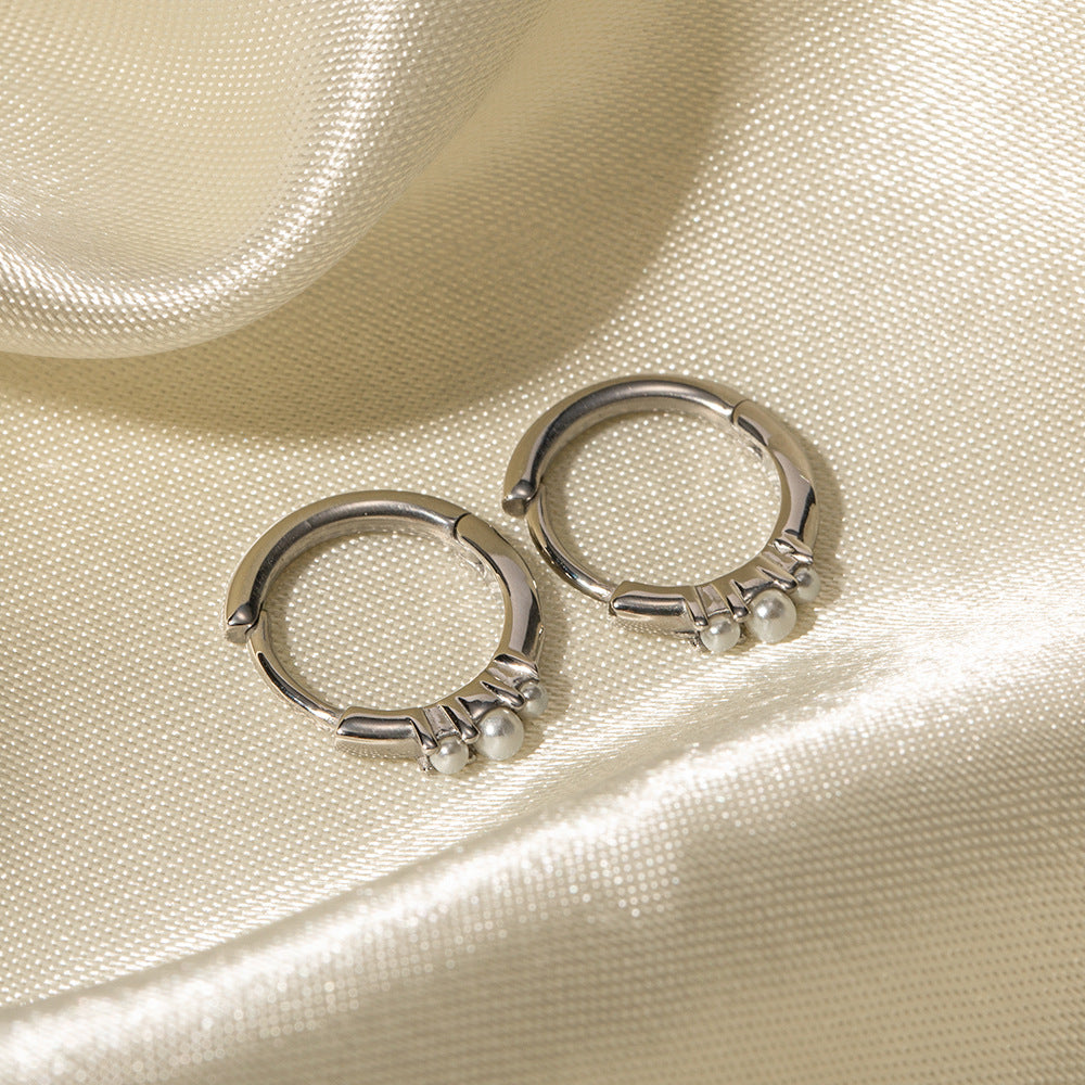 Geometric Circular Pearl Hoop Earrings for Women Stainless Steel Plated Trendy Jewelry