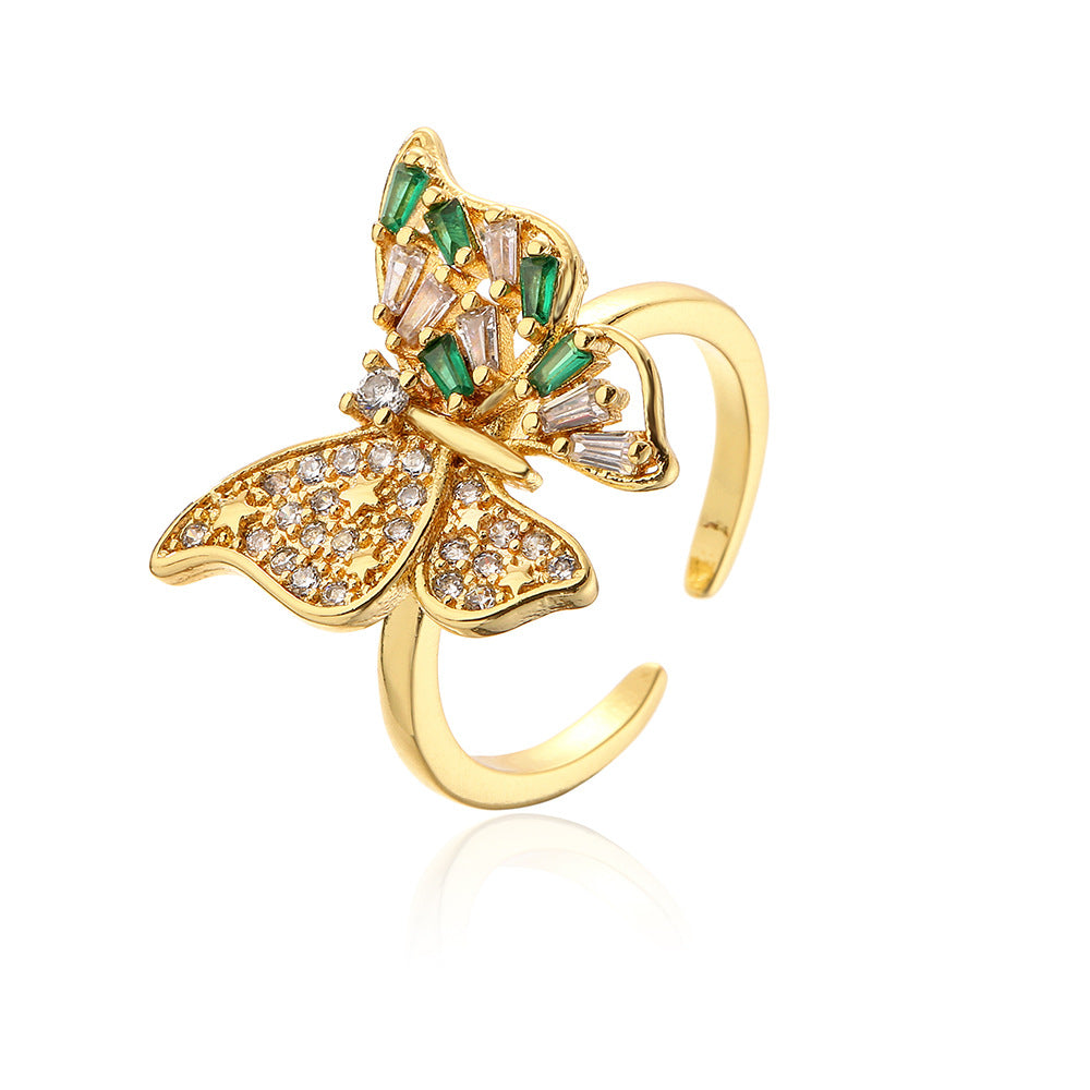 Anello aperto geometrico minimalista a forma di farfalla in rame placcato oro 18 carati e zirconi micro-pavé da donna