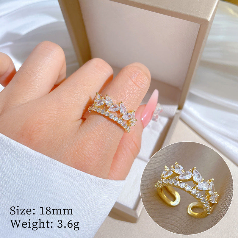 Cartoon Style Crown-Shaped Gold-Plated Brass Adjustable Drop-Shaped Wedding Ring for Women