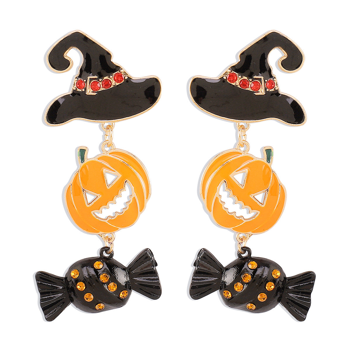 Pendientes llamativos de Halloween con calabaza y calavera, de aleación con detalles de pedrería y acabado galvanizado, para mujer