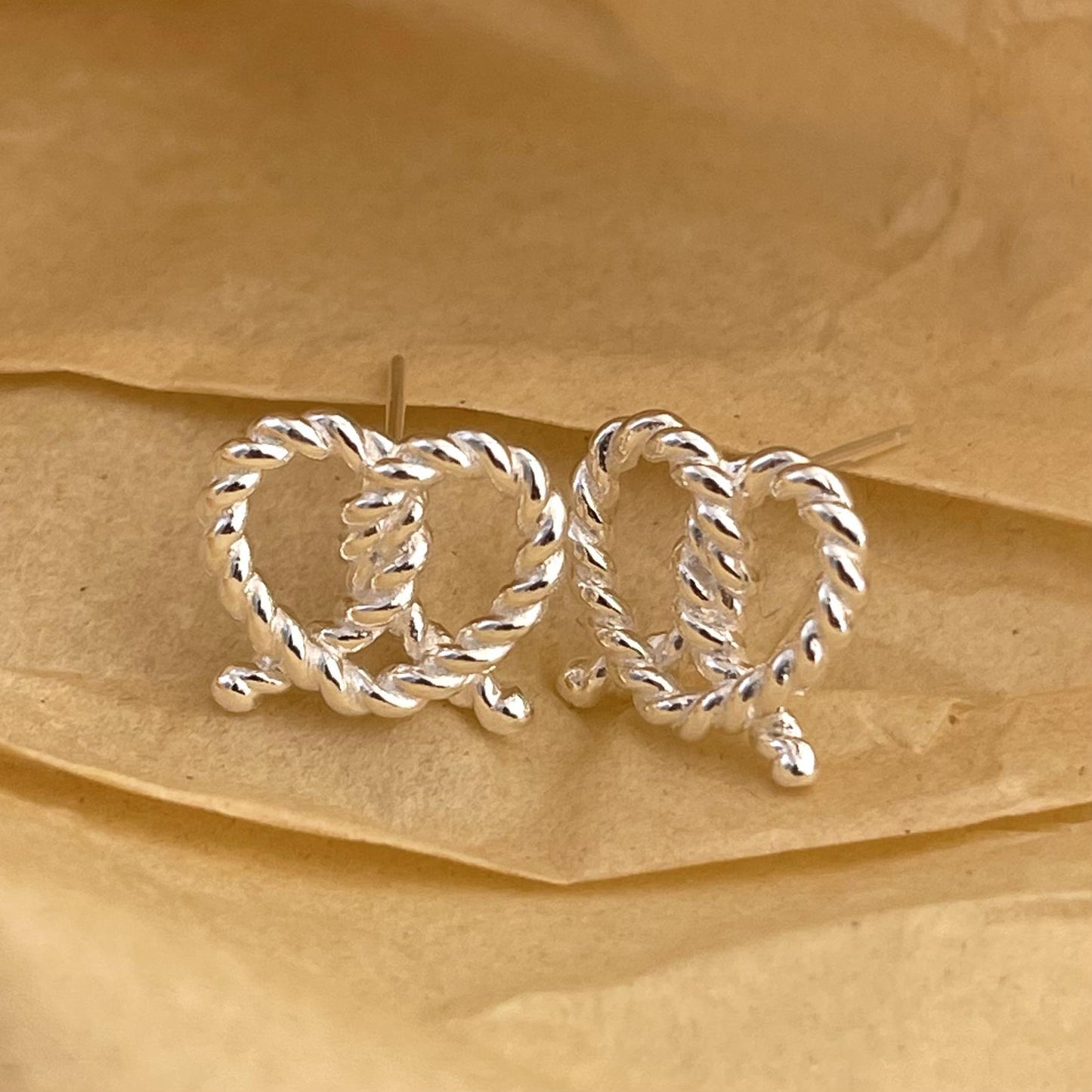 Minimalist Twisted Knot Heart Stud Earrings in 925 Sterling Silver with Gold Plating