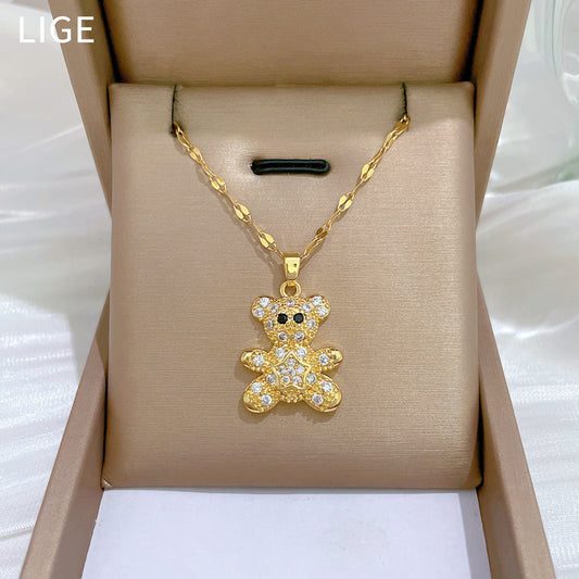 Collar colgante de oso estrella minimalista para mujeres y hombres, cadena de serpiente de acero inoxidable con incrustaciones de diamantes de imitación y estilo fresco y dulce