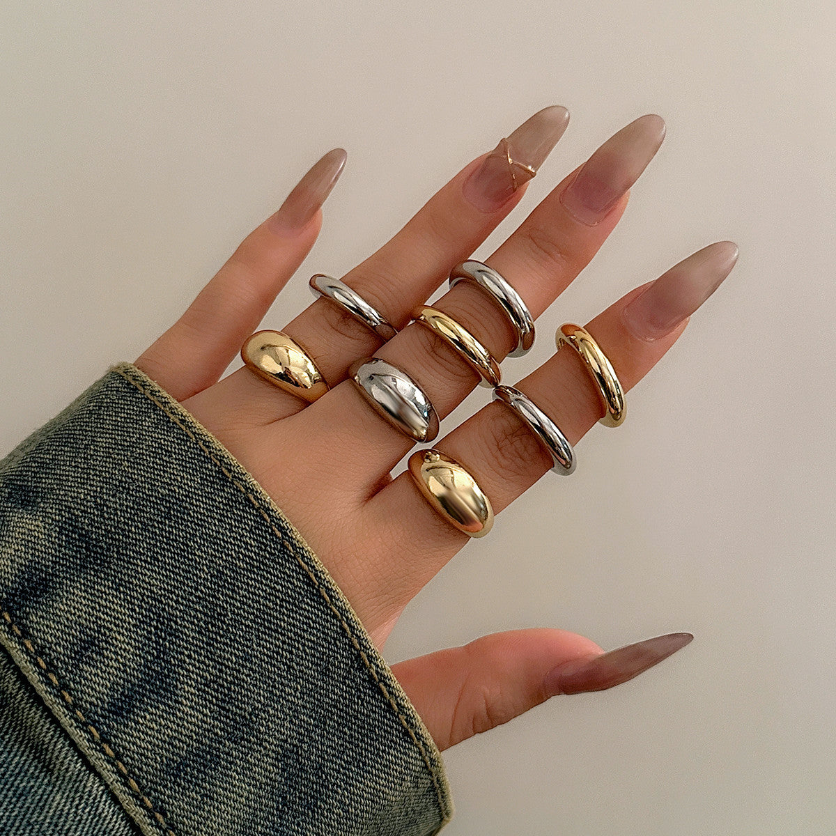 Geometric Plated Zinc Alloy Ring Set for Women