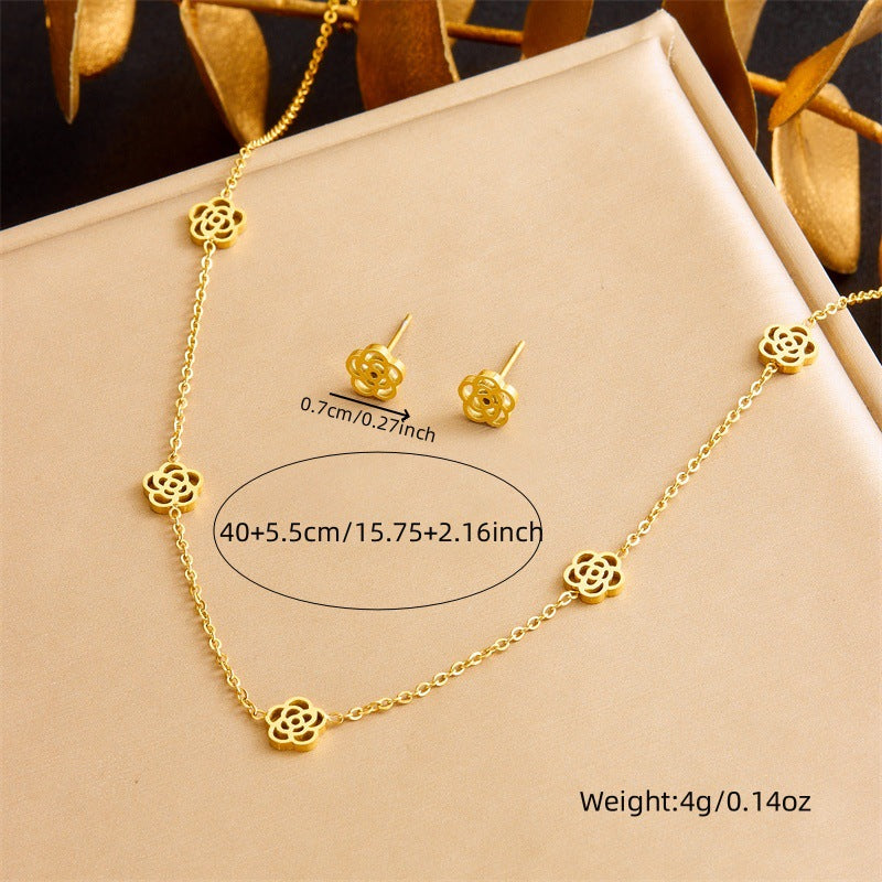 Elegante conjunto de collar, pendientes y pulsera chapados en acero inoxidable con diseño floral de rosa para la oficina