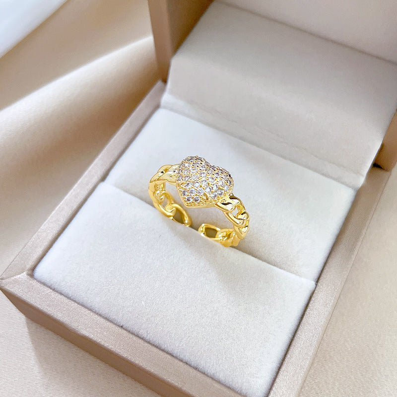 Minimalist Gold-Plated Brass Open Heart Ring with Zircon Inlay for Women Fashion Statement Ring