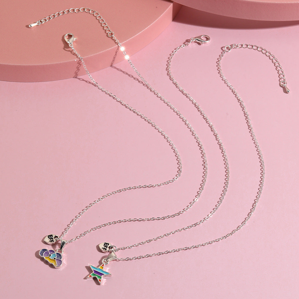Collar con colgante de aleación con forma de estrella estilo dibujo animado para niñas con acabado esmaltado, cadena cruzada ajustable, colección Princesa