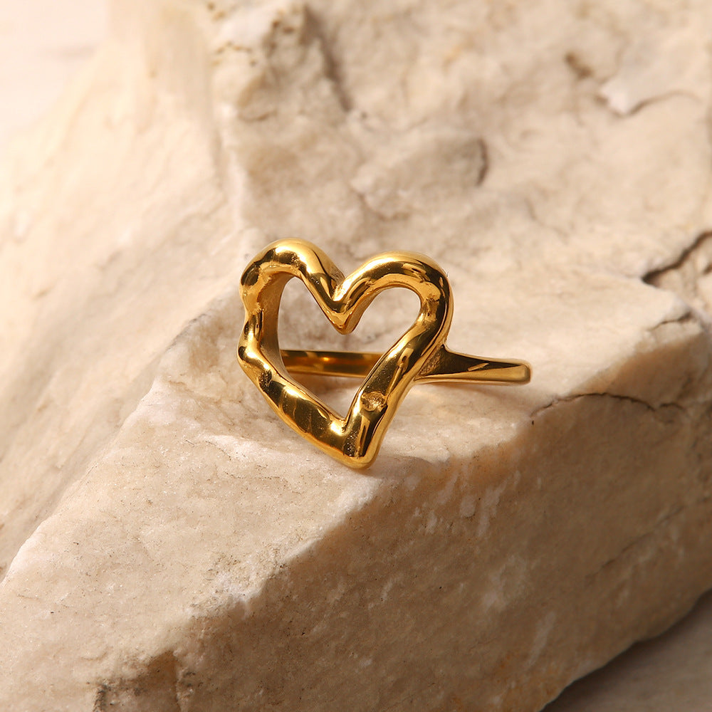 Minimalist Heart-Shaped Titanium Steel Ring with Gold Plating for Women, Hypoallergenic Hammered Texture Design