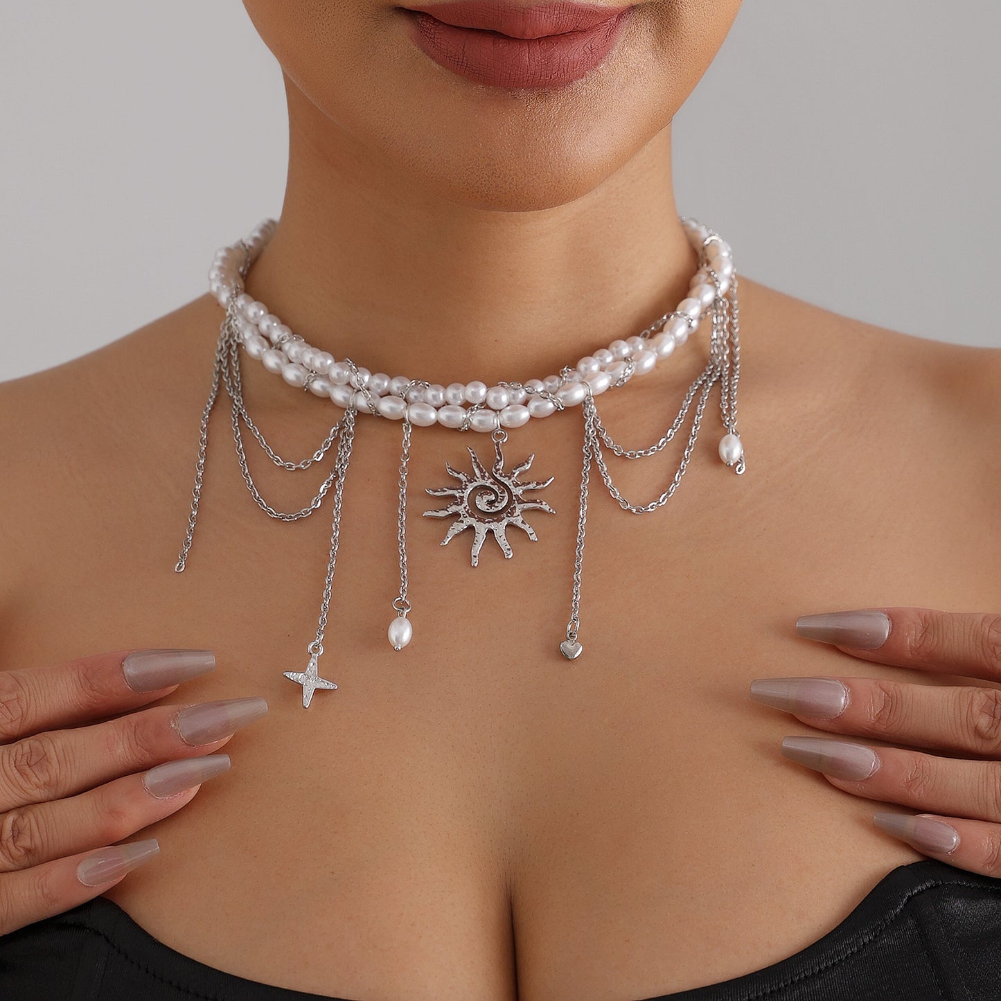 Elegant Geometric Sunflower Star Heart Tassel Pendant Necklace Alloy Plated Multi-Layer Cable Chain for Women