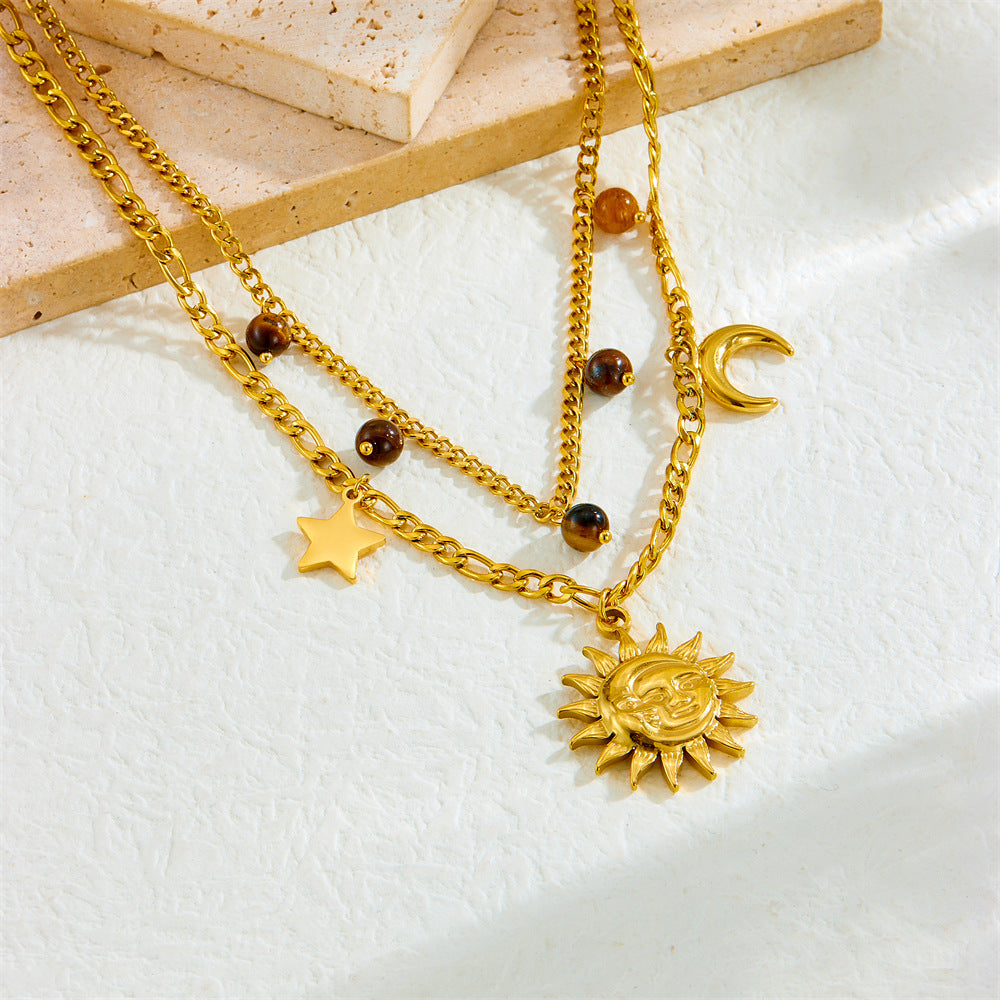 Vintage Gold Plated Stainless Steel Star Moon Face Pendant Necklace with Tiger's Eye Serpentine Chain