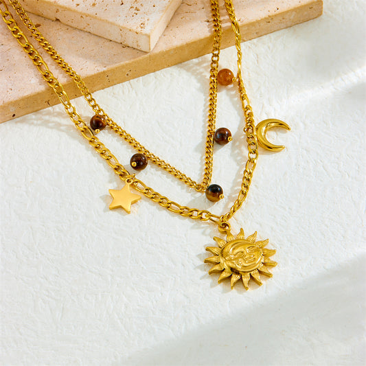 Vintage Gold Plated Stainless Steel Star Moon Face Pendant Necklace with Tiger's Eye Serpentine Chain