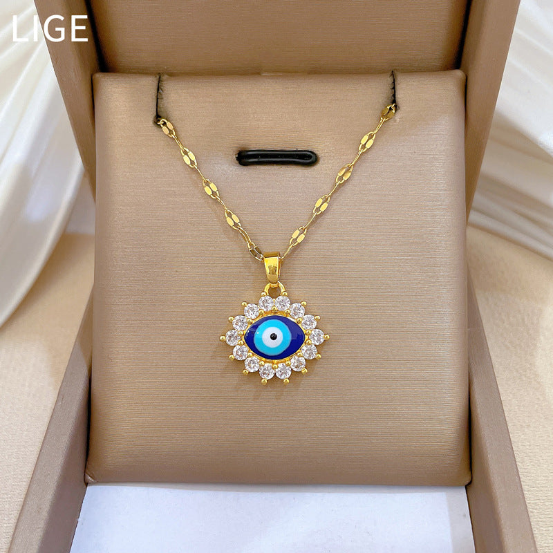 Elegant Oval Eye Pendant Necklace for Women in Titanium Steel with Plated Finish, Minimalist Geometric Design, Delicate Clavicle Chain
