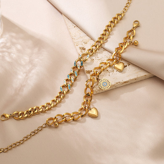 Pulsera de Acero Titanio para Mujer con Ojo de Demonio Geométrico y Baño de Oro Estilo Hip Hop