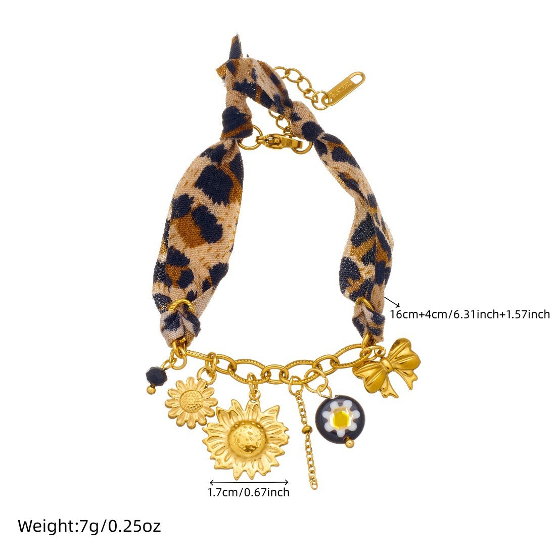 Vintage Gold Plated Stainless Steel Sunflower Bow Leopard Print Chain Bracelet for Women