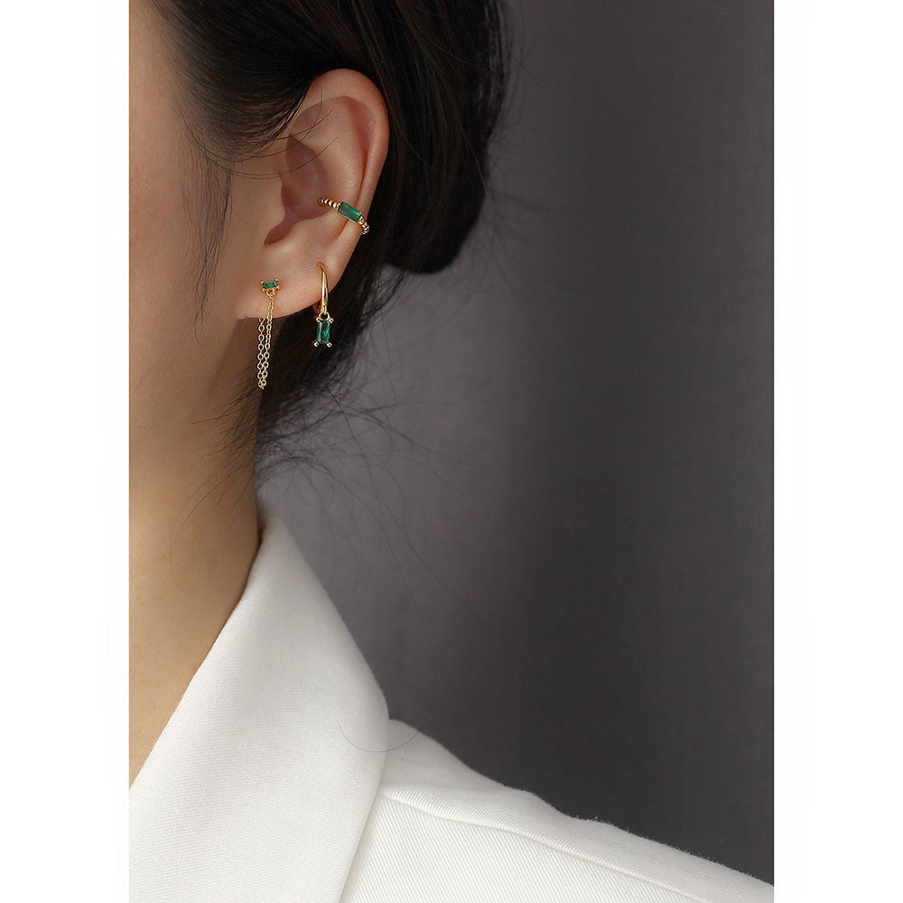 Sweet 925 Sterling Silver Geometric Round Inlaid Emerald Cubic Zirconia Ear Clip for Women