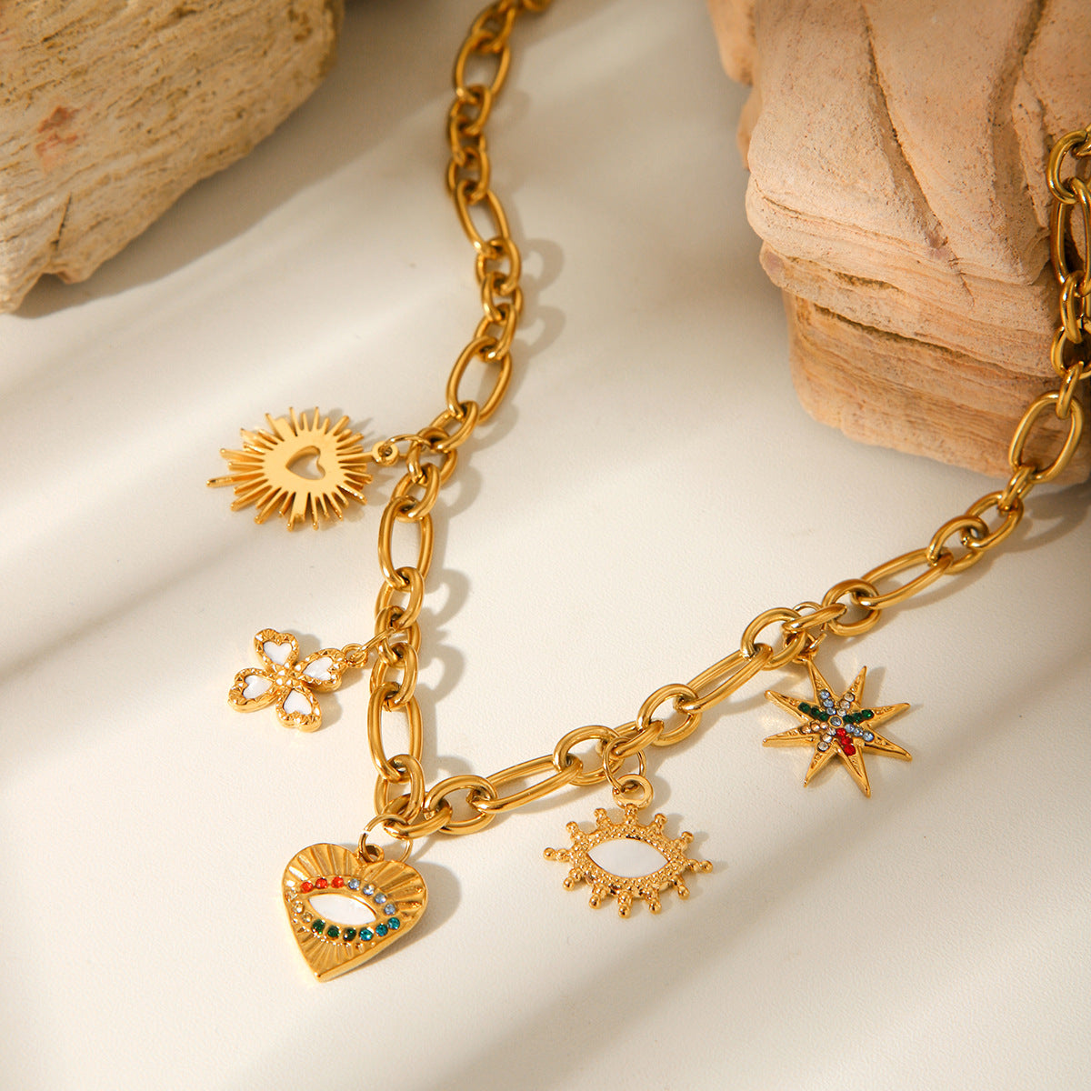 Collar con colgante de ojo turco estilo Y2K para mujer, acero inoxidable con incrustaciones de diamantes de imitación, cadena cruzada, diseño geométrico