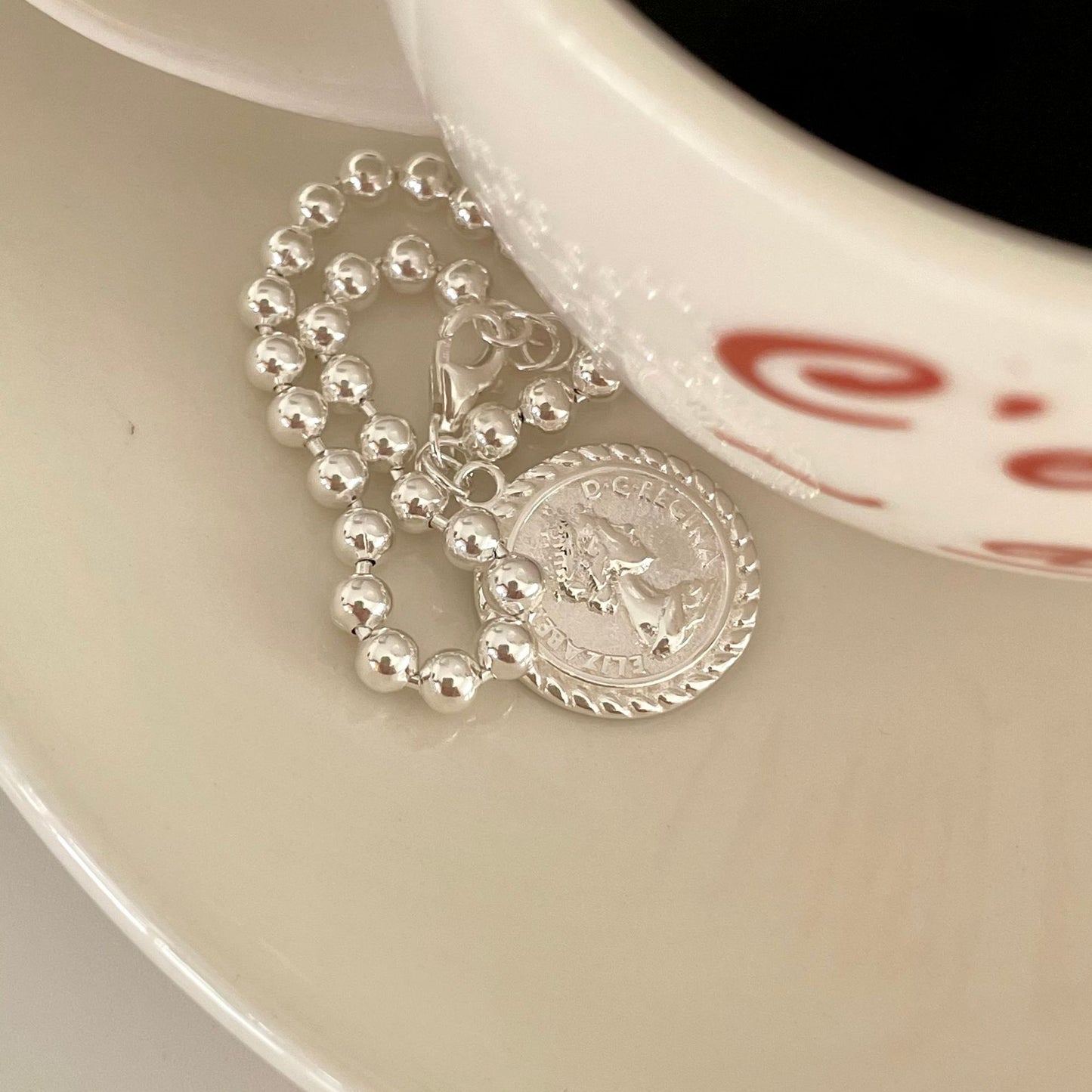 Minimalist Geometric Coin Bracelet in 925 Sterling Silver with Polished Beads
