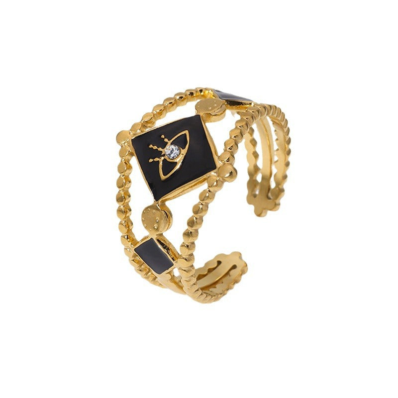 Fashion French Style Evil Eye Rhombus Shape Stainless Steel 18K Gold Plated Enamel Adjustable Ring for Women