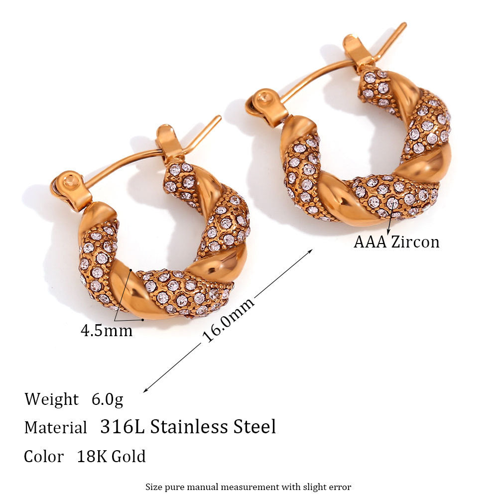 Orecchini a cerchio geometrici alla moda in acciaio inossidabile da donna con placcatura in oro 18 carati e intarsio di zirconi