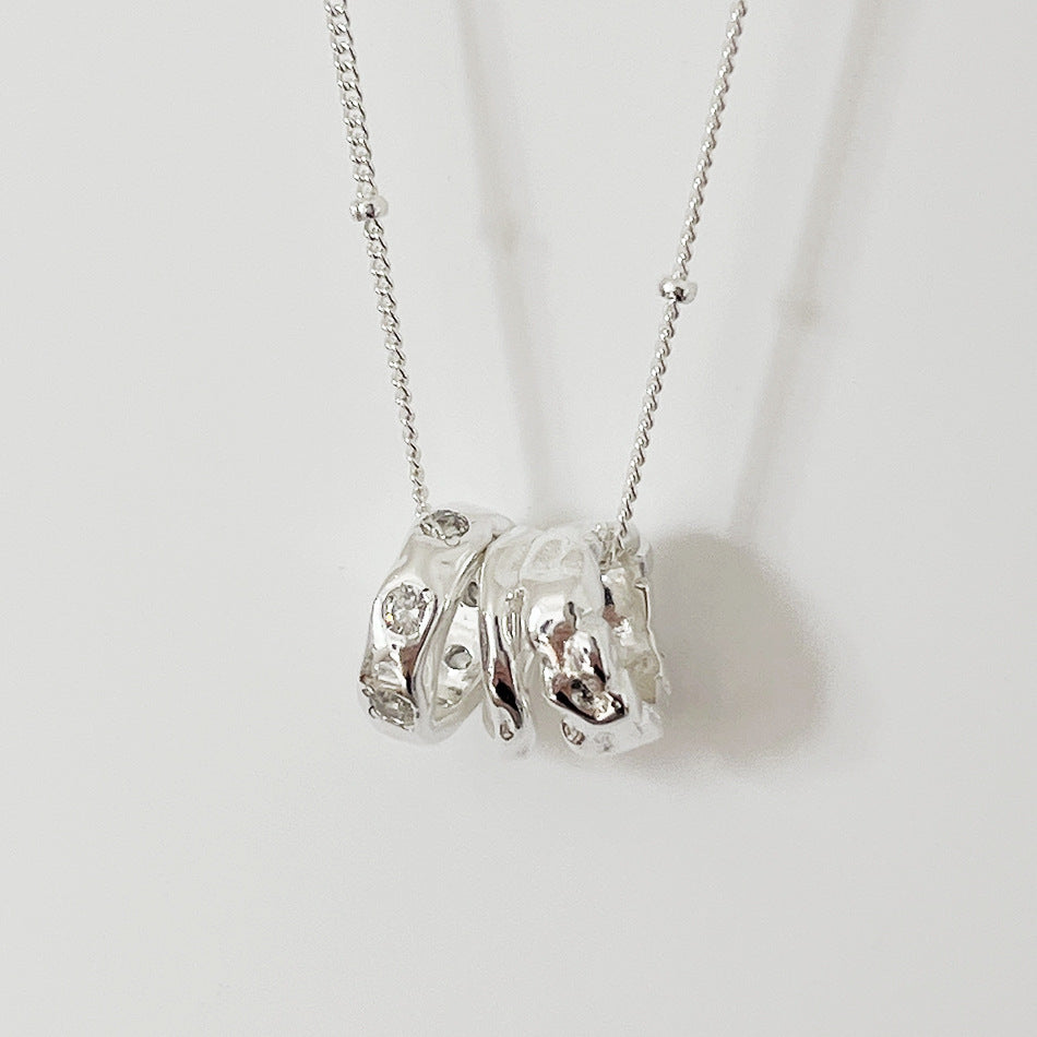 Elegant French-Style Geometric Asymmetrical Zircon Pendant Necklace in 925 Sterling Silver with Water Texture and Natural Pattern