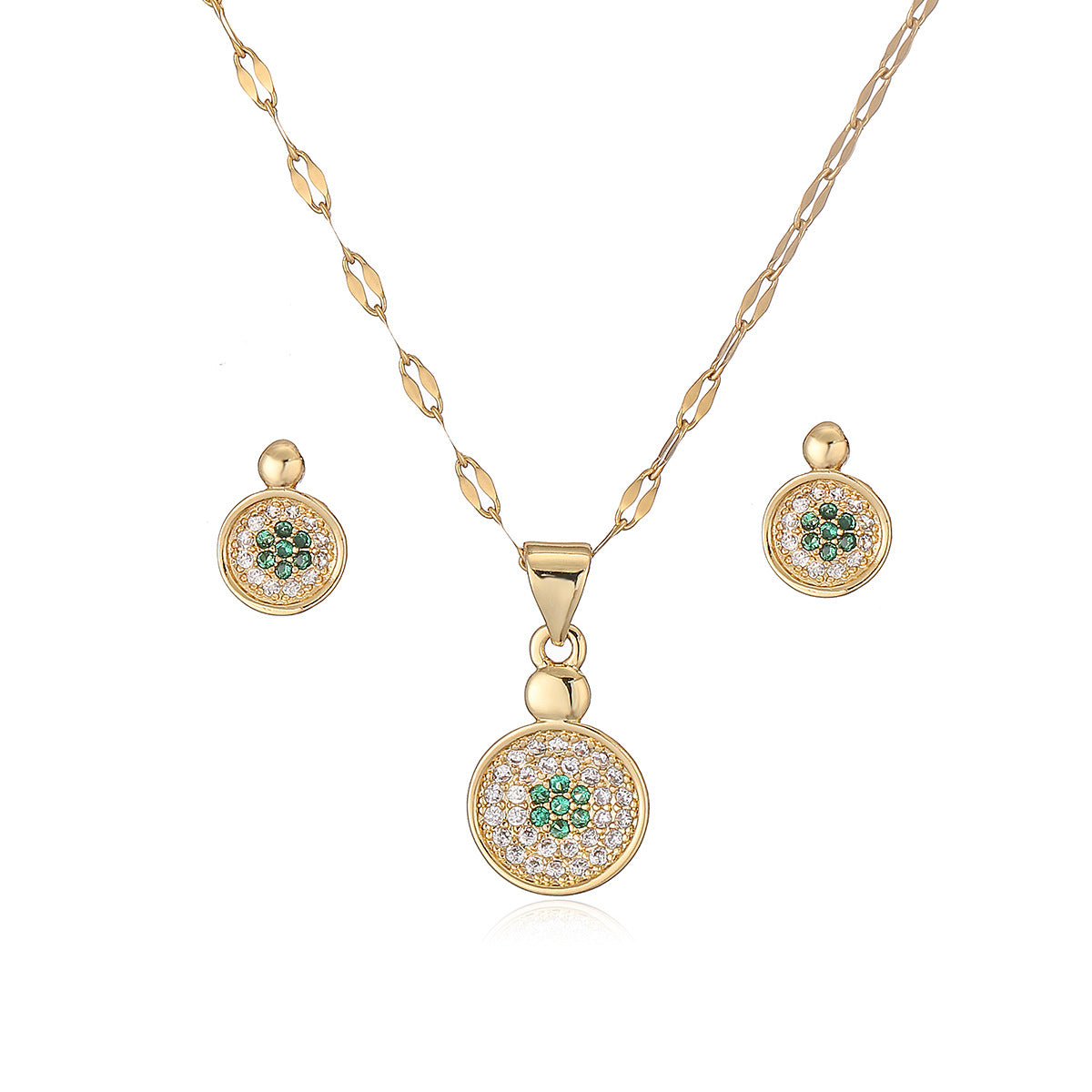 Collar y Pendientes Redondos Minimalistas de Cobre con Baño de Oro de 18K e Incrustaciones de Zirconia