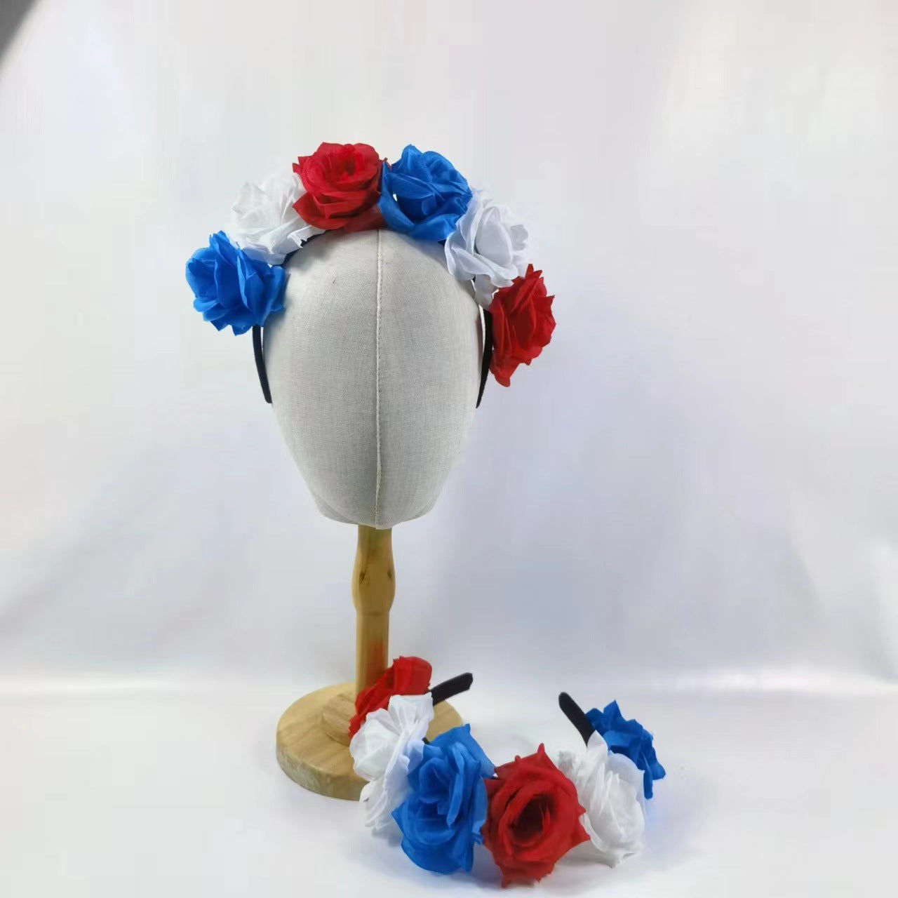 Cerchietto per capelli in tessuto con rose floreali simulato, rosso, bianco, blu, patriottico, per feste