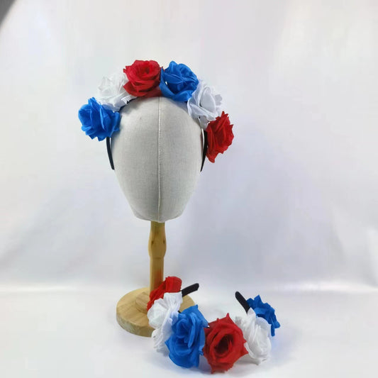 Sweet Floral Fabric Headband with Simulated Roses Red White Blue Patriotic Hair Hoop for Party