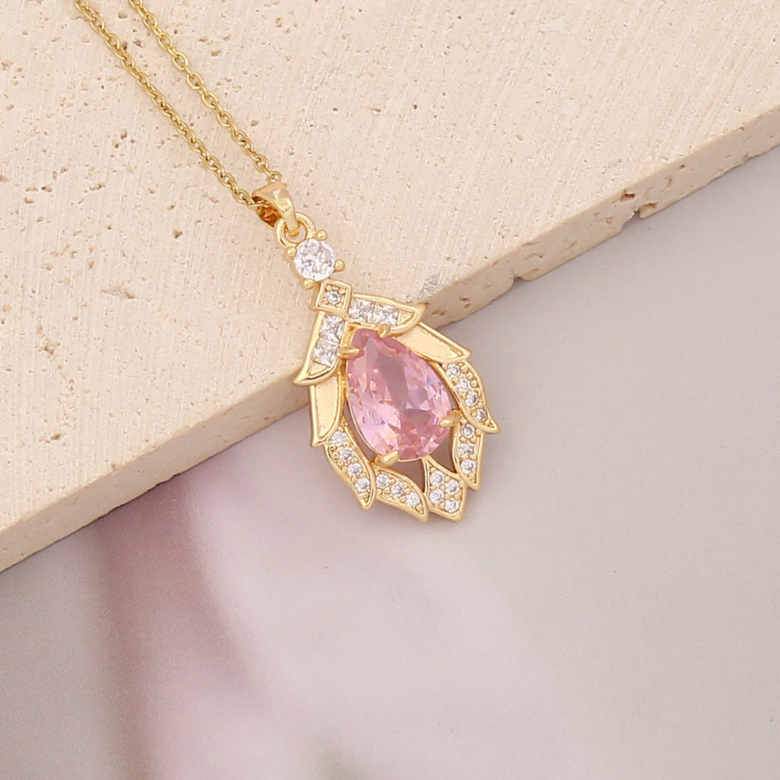 Elegant Brass Plated Leaf Heart Pendant Necklace with Cubic Zirconia Inlay