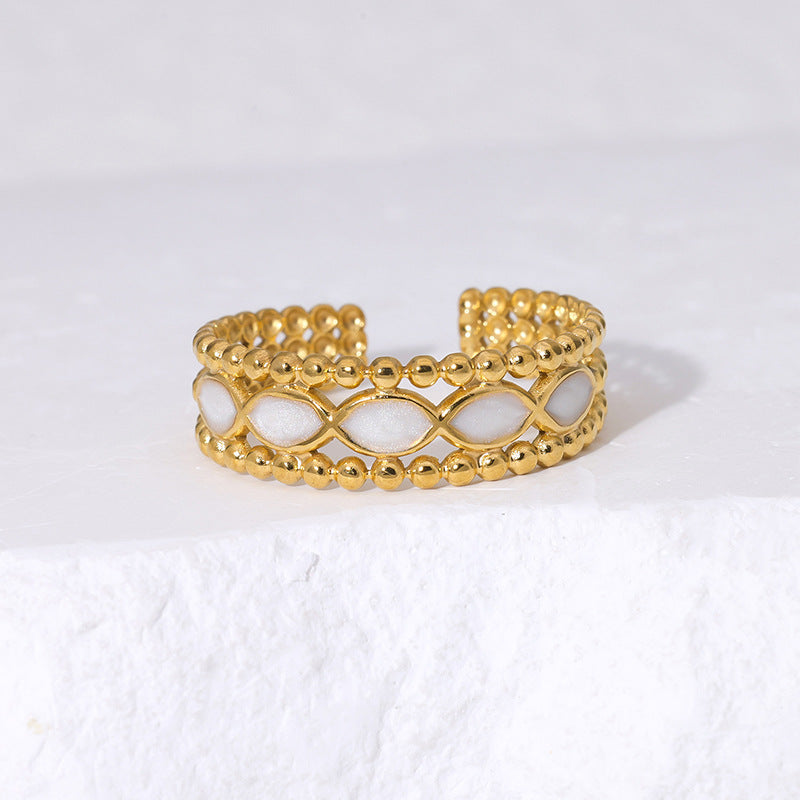 Vintage French-Inspired Geometric Stainless Steel Open Ring with Enamel Finish and 18K Gold Plating for Women