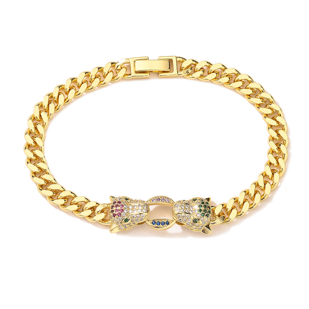 Bracciale Cubano Geometrico a Forma di Leopardo alla Moda da Donna in Rame Placcato Oro con Intarsio di Zirconi