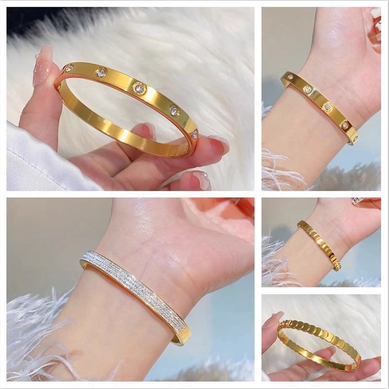 Bracciale Minimalista in Acciaio al Titanio da Donna con Placcatura in Oro e Intarsio di Zirconi, Bracciale Lusso con Design Geometrico Ovale