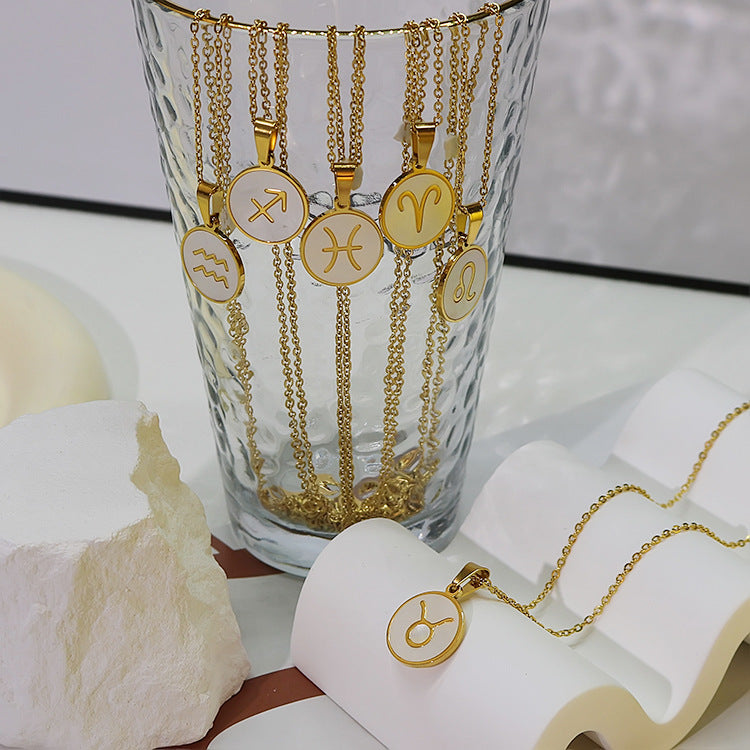Collana con ciondolo zodiacale in stile INS in acciaio inossidabile con placcatura in oro 18 carati, catena a onda d'acqua, da donna