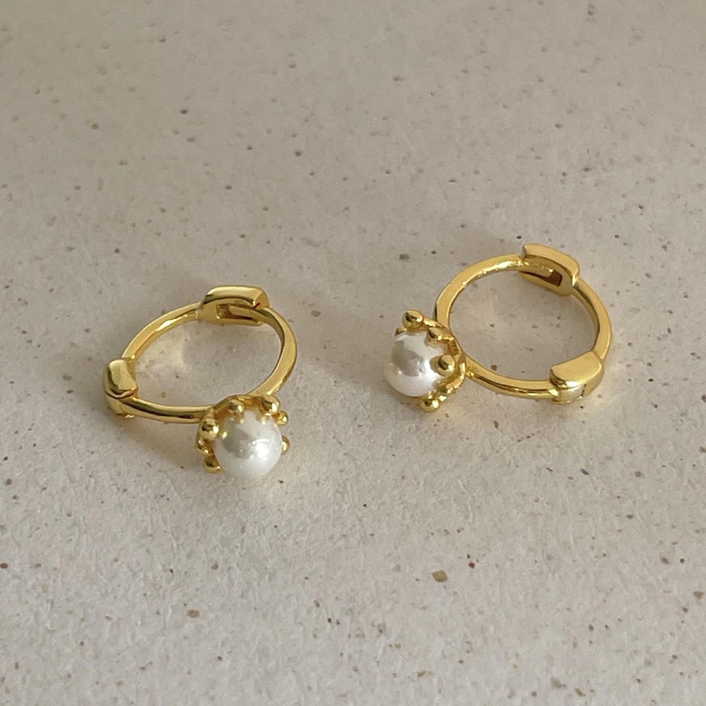 Minimalist Pearl Stud Earrings in 925 Sterling Silver with Gold Plating, Letter-Shaped Design