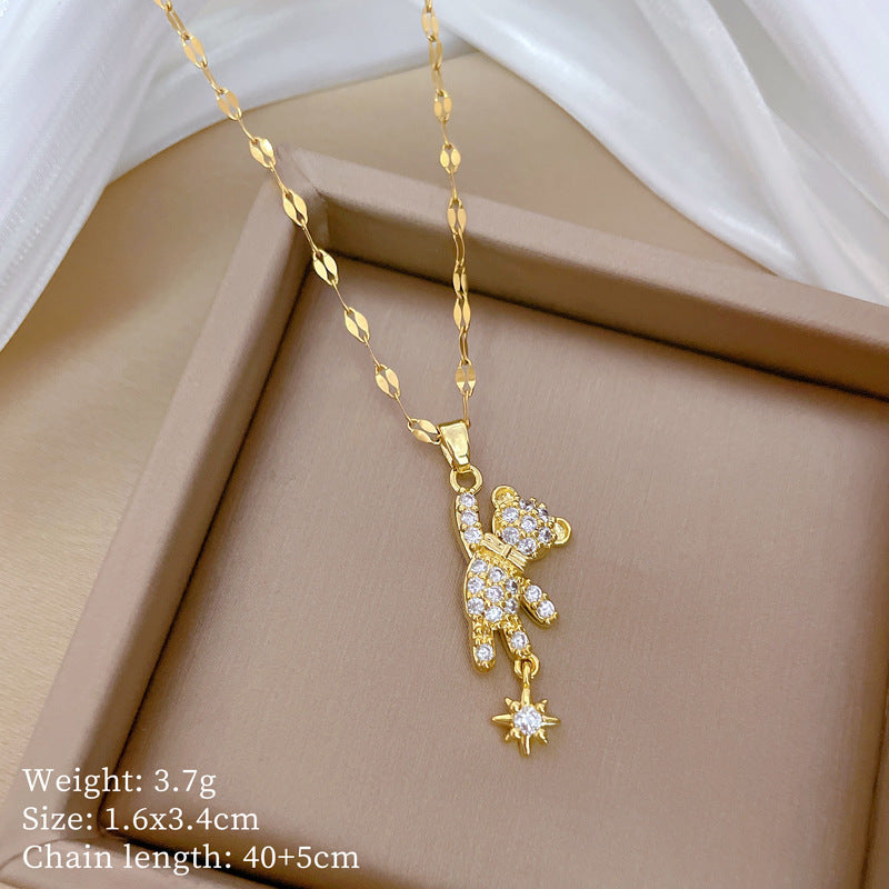 Collana con ciondolo a orso minimalista Starburst in acciaio inossidabile con intarsio di strass per donna e uomo, delicata catena clavicolare