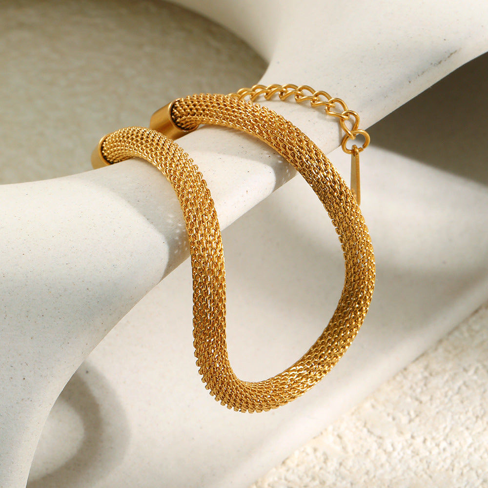 Minimalist Geometric Stainless Steel Vacuum Plated 18K Gold Tone Round Mesh Bracelet for Women