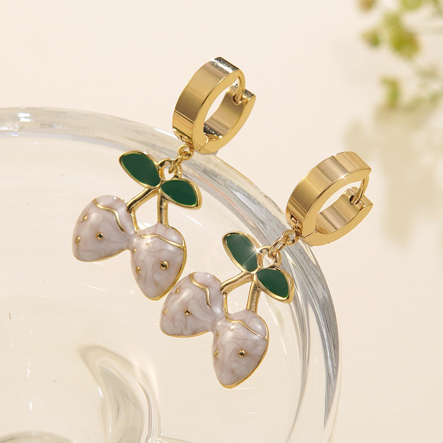 Sweet Stainless Steel Drip Oil Plated Cherry Hoop Earrings for Women