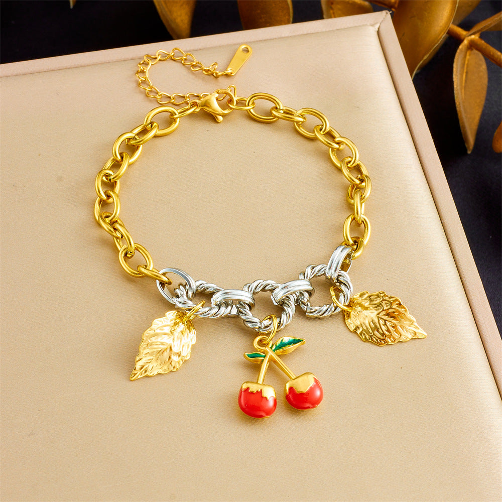 Sweet Gold Plated Stainless Steel Cherry Strawberry Pendant Bracelet