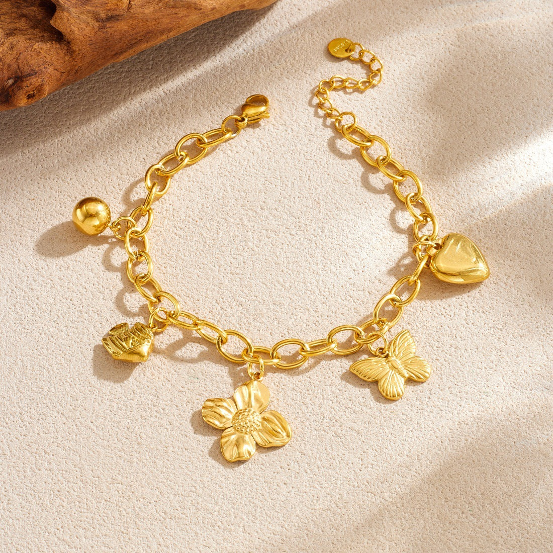 Gold Plated Stainless Steel Cable Chain Bracelet with Butterfly and Floral Charms